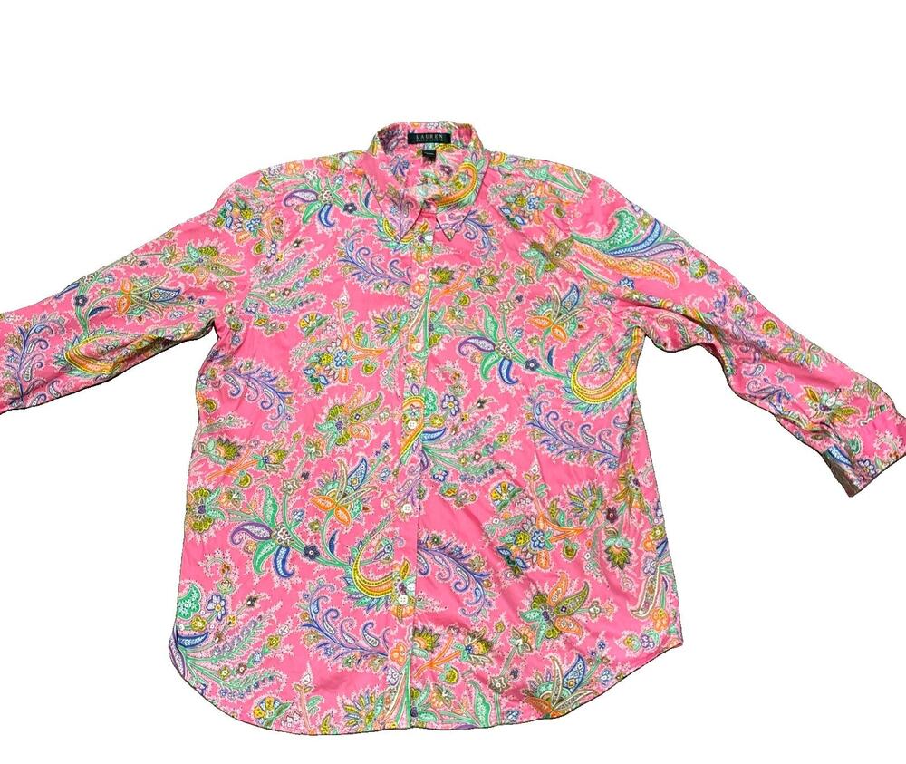 Lauren Ralph Lauren Shirt Sz XL Pink Paisley Floral Button Up 3/4 Sleeve